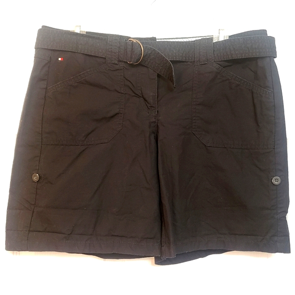 TOMMY HILFIGER ADJUSTABLE LENGTH BLACK BELTED CARGO SHORTS POCKETS SIZE 8